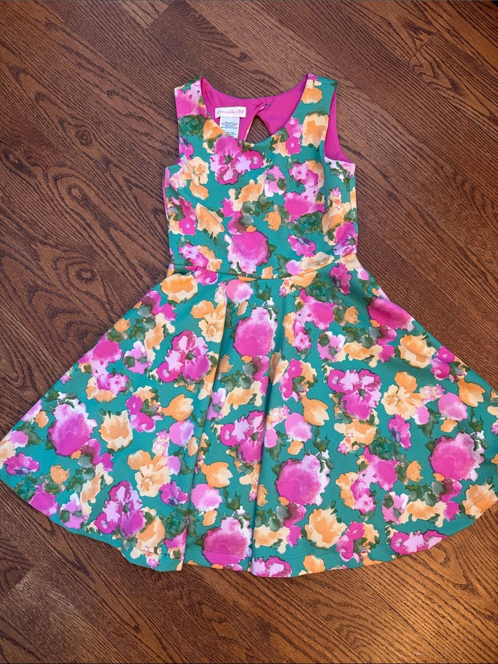 Bonnie Jean Green Floral Fit & Flare Dress with Pink and Yellow Flowers